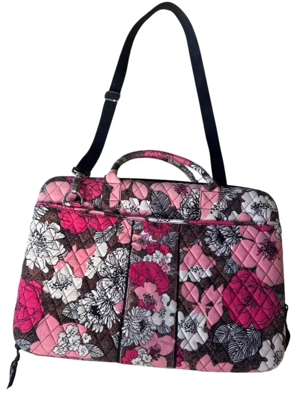 Vera Bradley Laptop Bag Pink Black Floral Quilted Shoulder Strap Tote Travel